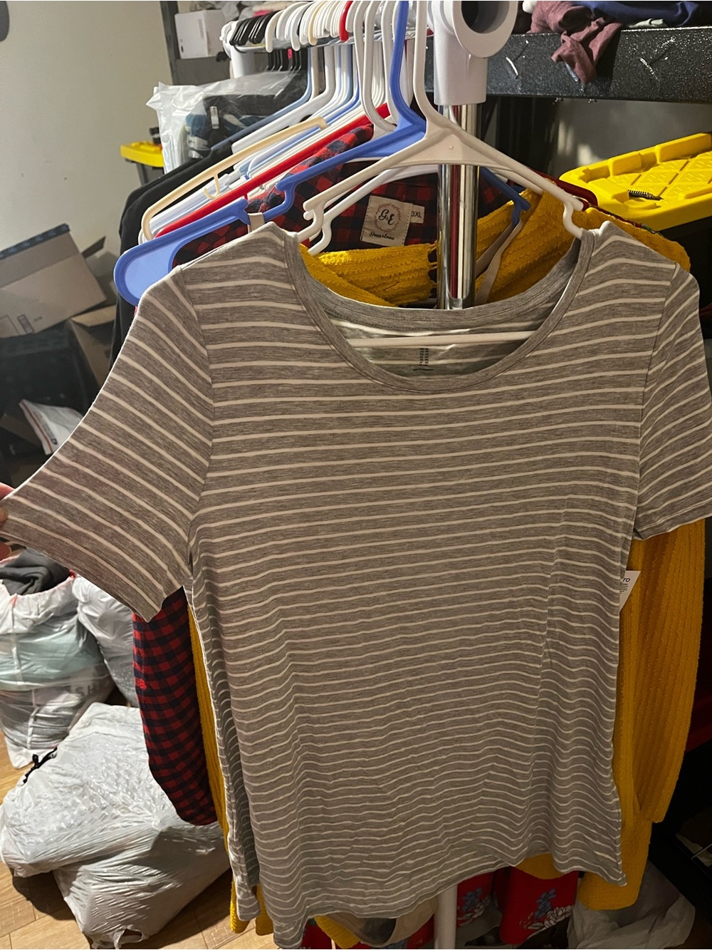 Amazon Essentials Gray and White Striped Crewneck Short Sleeve Tee